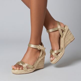 Sandália Anabela Dourada Salto Corda