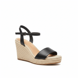 Sandália Anabela Espadrille Preta com Salto em Corda e Tira Única