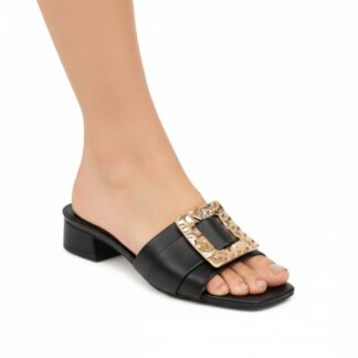 Tamanco Slide Preto Salto Baixo com Maxifivela Dourada Texturizada